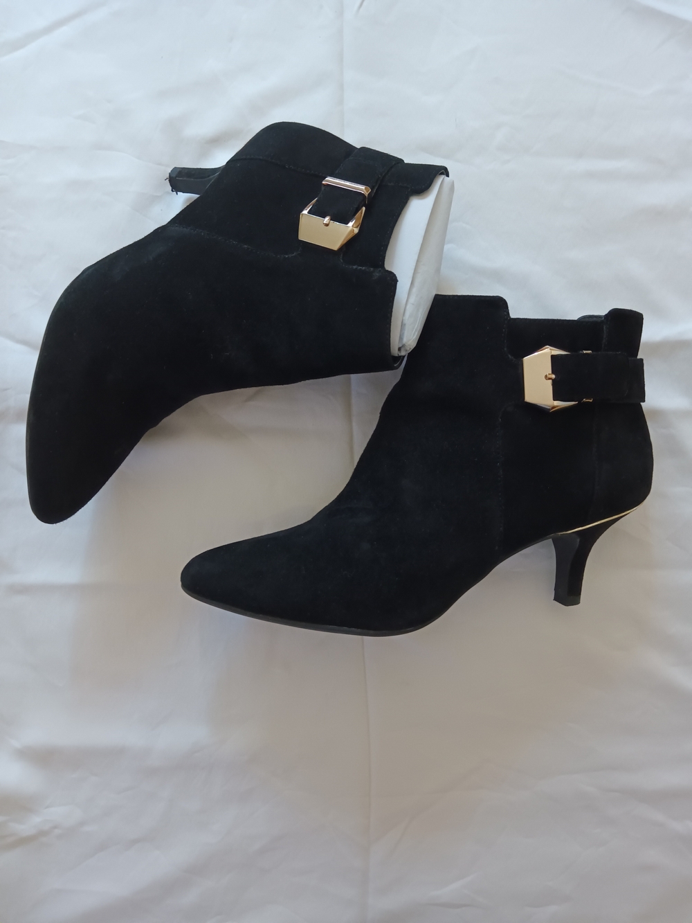 Ann Klein Black Suede Ankle Boots with Gold Buckle